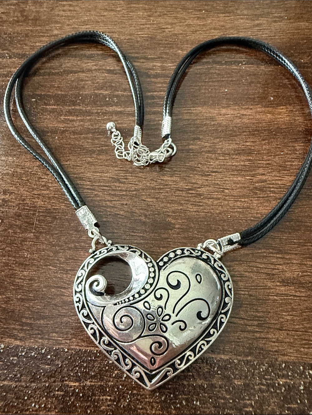 Silver-Tone Heart Pendant Necklace - Black Cord